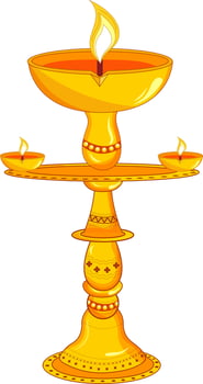 Burning Oil Lamp Diya Stand Flat Element In Yellow And Orange Color. vector