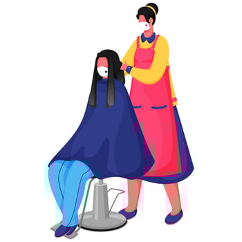 Female Hairdresser With Her Client Sitting At Chair And Wear Safety Mask To Protect From Coronavirus. vector