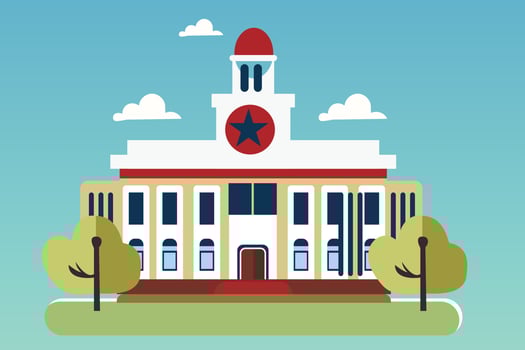 School with a green lawn. Icon. Flat vector illustration isolated on Any color of the background, School building in flat style. Modern school, college building. Vector illustration