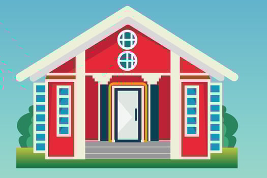 School with a green lawn. Icon. Flat vector illustration isolated on Any color of the background, School building in flat style. Modern school, college building. Vector illustration