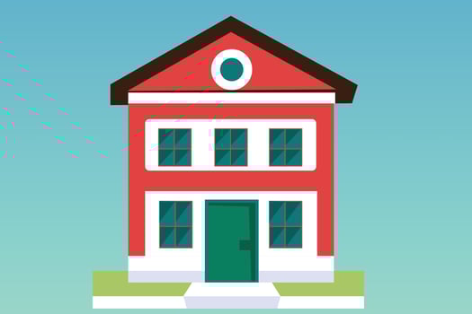 School with a green lawn. Icon. Flat vector illustration isolated on Any color of the background, School building in flat style. Modern school, college building. Vector illustration