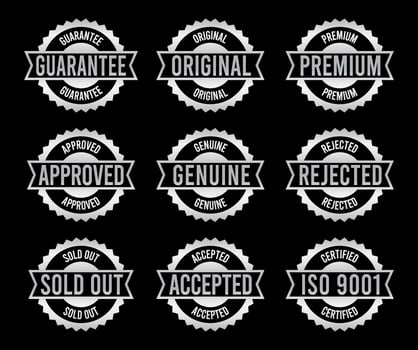 Silver Stamp design set - premium quality, guaranteed, approved, sold out, postponed, confirmed, genuine, original. vector