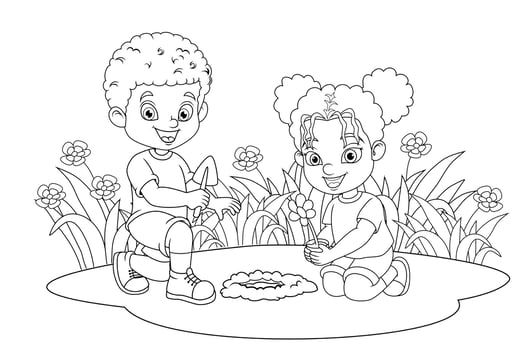 Two little kids planting cute flower plant in the garden black and white coloring page vector