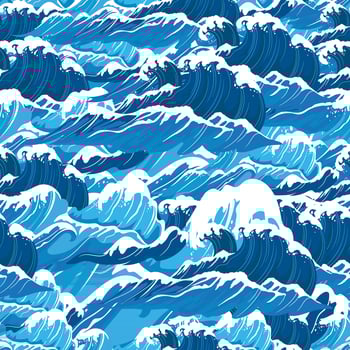 Ocean waves seamless pattern. Sea wave blue background, wind storm surf water hand drawn vector illustration