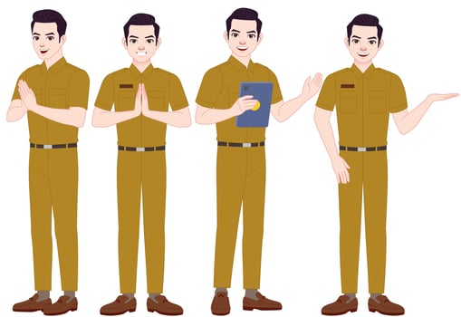 various styles and poses of handsome Indonesian civil servants wearing uniforms vector