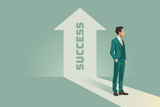 Businessman contemplating about being success and confidence. Arrow up with success shadow background vector illustration