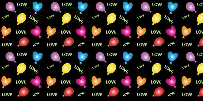Seamless vector pattern. Bright balloons on a black background, text love, festive romantic. EPS10 vector.