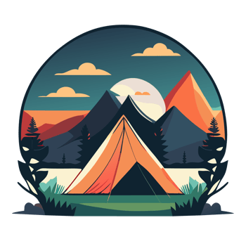 Mountain Camp. Tourist Tent and Bonfire on the Shore at Night. flat design. print design for t shirt. png