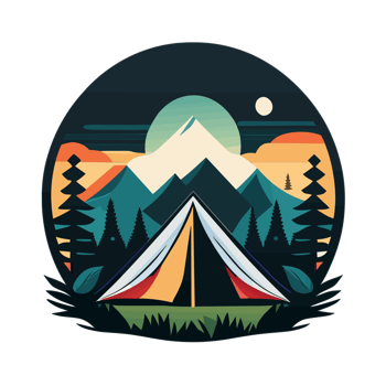 Mountain Camp. Tourist Tent and Bonfire on the Shore at Night. flat design. print design for t shirt. png
