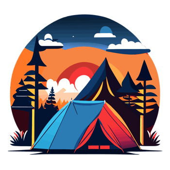 Mountain Camp. Tourist Tent and Bonfire on the Shore at Night. flat design. print design for t shirt. png