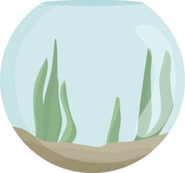 aquarium, glass aquarium, fish house, algae and sand vector color illustration