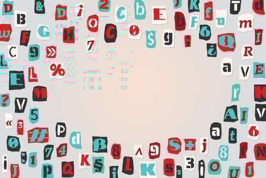 Color ransom collage style letters numbers and punctuation marks cut from newspapers and magazines background. Vintage ABC collection. Red, white, black and azure punk alphabet Vector illustration