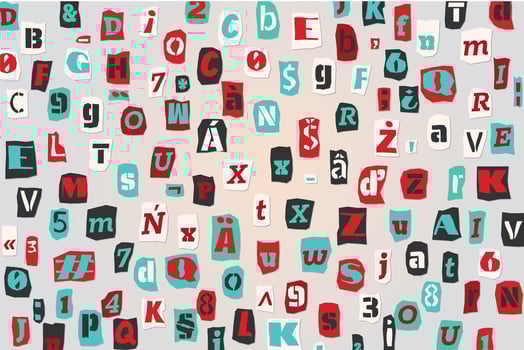 Color ransom collage style letters numbers and punctuation marks cut from newspapers and magazines background. Vintage ABC collection. Red, white, black and azure punk alphabet Vector illustration