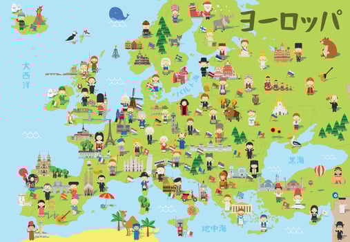 Funny cartoon map of Europe in japanese with childrens of different nationalities, monuments, animals and objects of all the countries. Vector illustration for preschool education and kids design.