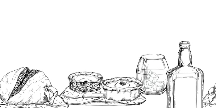 Ink hand drawn vector sketch. Seamless border. Scotland symbol objects. Traditional food and drink, haggis, scotch pie, whisky. Design for tourism, travel, brochure, wedding, guide, print, menu.