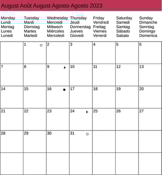 multilingual August 2023 calendar vector