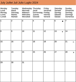 multilingual July 2024 calendar vector