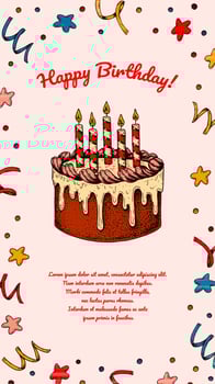 Birthday vertical greeting card. Poster with hand drawn elements. Celebration social media stories  template. Vector illustration in sketch style