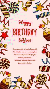 Birthday vertical greeting card. Poster with hand drawn elements. Celebration social media stories  template. Vector illustration in sketch style
