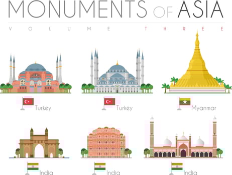 Monuments of Asia in cartoon style Volume 3. Hagia Sophia and Blue Mosque - Turkey, Shwedagon Pagoda-Myanmar, Gate of India, Hawa Mahal and Jama Masjid Mosque - India. Vector illustration