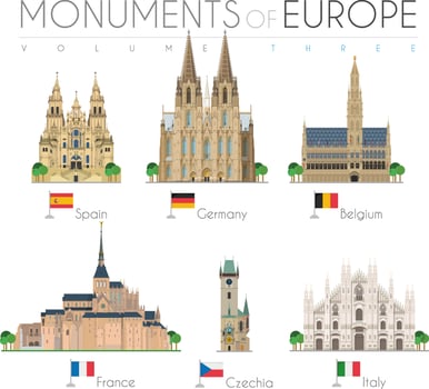 Monuments of Europe in cartoon style Vol 3. Santiago de Compostela Cathedral-Spain, Cologne Cathedral, Brussels Town Hall, Saint Michel, Astronomical Clock Tower, and Duomo Milan. Vector illustration