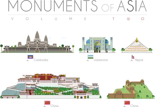 Monuments of Asia in cartoon style Volume 2. Angkor Bat - Cambodia, Ragastan Samrakand - Uzbekistan, Boudhanath Stupa - Nepal, Potala Palace and Great Wall - China. Vector illustration