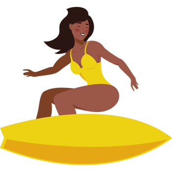 afro woman surfing in surfboard character png