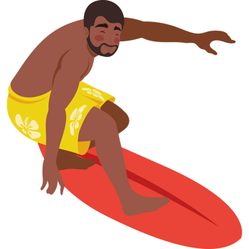 afro man surfing in surfboard character png