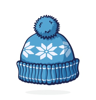 Cartoon illustration. Wool winter hat with pompon. Headdress for cold weather. Graphic design with contour. Clip-art print for packaging, showcase, greeting card. Isolated on white background vector