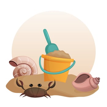 Yellow Bucket with shovel for playing on the beach and building sand castles. Vector illustration. Cartoon.