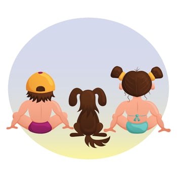 Young children together with the dog watching the sea sunset. Cute illustration of boy, girl, and dog on the beach. Vetor. Cartoon. vector