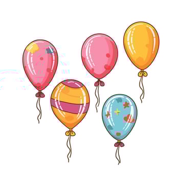 Hand Drawn cute balloons isolated on white background. Template for postcard, banner, poster, web design. Birthday party decoration vector