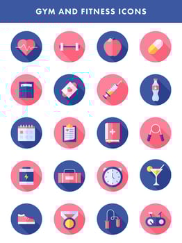 GYM And Fitness Icon Set On Pink And Blue Circle Shape Background. vector