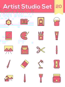 Red And Yellow Color Set of Artist Studia Icon In Flat Style. vector