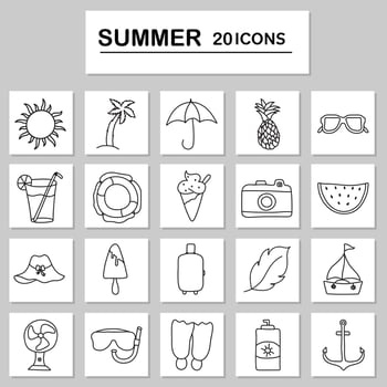 20 Summer Line Art Doodle Icon Set On Sqaure Grey And White Background. vector