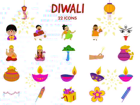 22 Diwali Icon Or Symbol Set In Flat Style. vector