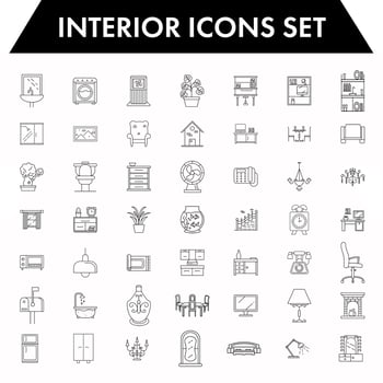 Interior or living room objects icon set in black line art. vector