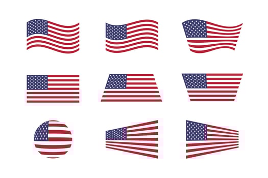 USA flags flat set. Vector illustration. Symbol of United States of America. Round, rectangular, waving flag isolated on white background