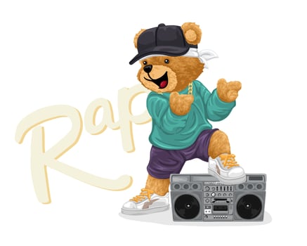 Hand drawn teddy bear cartoon in hip hop style with tape recorder vector