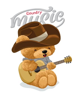 Hand drawn teddy bear cartoon with cowboy hat playing guitar vector