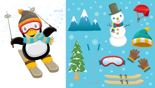 Hand drawn cute penguin skiing with winter sport elements vector