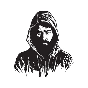 man in hood, vintage logo line art concept black and white color, hand drawn illustration vector
