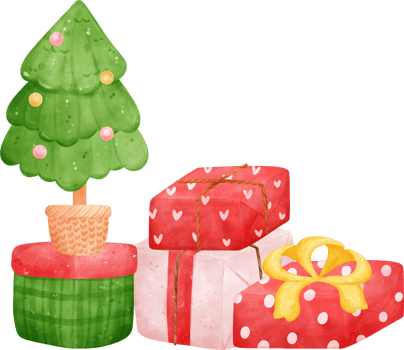 Cute stack of vibrant Christmas present papercraft box watercolor cartoon hand drawing png