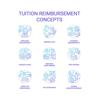Tuition reimbursement blue gradient concept icons set. Employee benefit. Financial assistance. Tuition money. Student loan. Education assistance idea thin line color illustrations. Isolated symbols vector