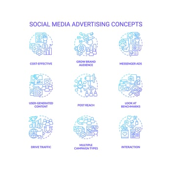Social media advertising blue gradient concept icons set. SMM technology for business idea thin line color illustrations. Isolated symbols vector