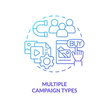 Multiple campaign types blue gradient concept icon. Effective ads. Social media advertising tip abstract idea thin line illustration. Isolated outline drawing vector