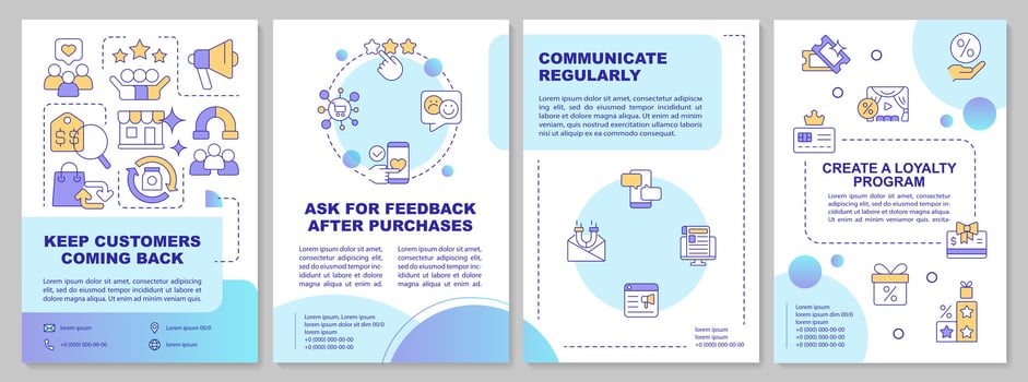 Keep customers return to shop brochure template. Leaflet design with linear icons. Editable 4 vector layouts for presentation, annual reports