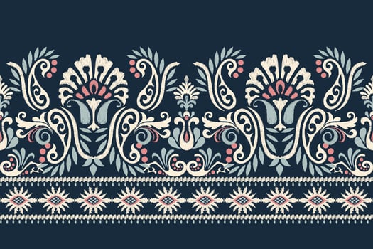 Ikat floral paisley embroidery on navy blue background.Ikat ethnic oriental pattern traditional.Aztec style abstract vector illustration.design for texture,fabric,clothing,wrapping,decoration,sarong.