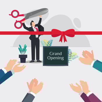 Businessman holding up big scissors with red ribbon in front and hands upplause. Grand Opening new business concept design vector illustration