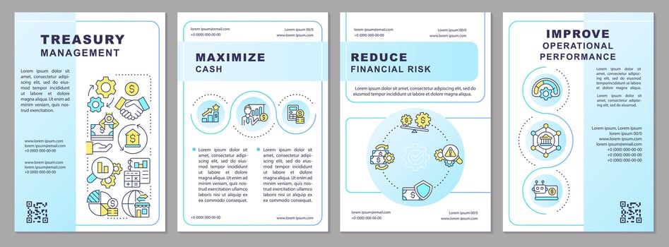 Treasury management light blue brochure template. Leaflet design with linear icons. Editable 4 vector layouts for presentation, annual reports